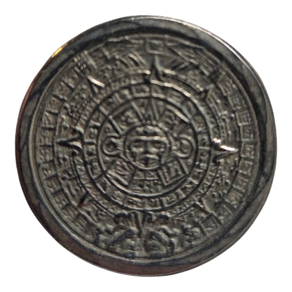 Vintage Aztec Calendar Pendant Mexico Sun Stone Silver Tone Statement Jewelry